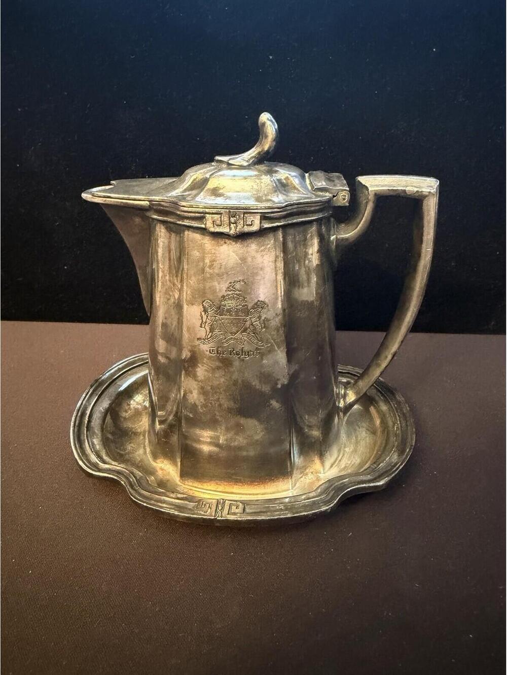Antique Reed & Barton Silver Soldered “The Rolyat” Hotel Syrup Server w/ Tray